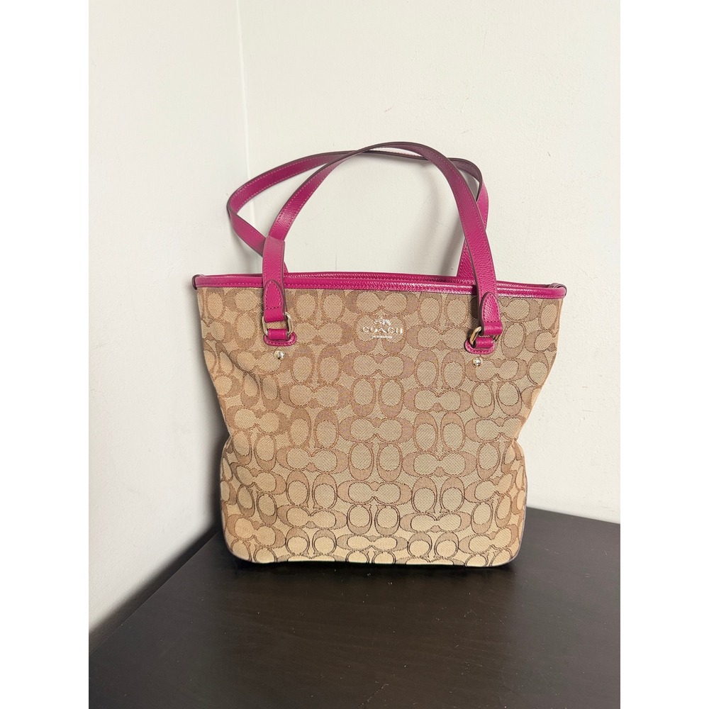 Coach Brown Signature Monogram Tote Bag Magenta Leather Trim Canvas F55364